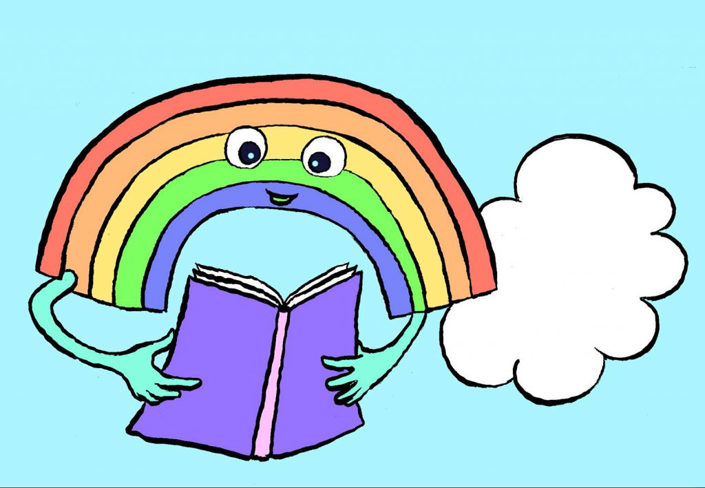 A cartoon rainbow with a smiling face and eyes is holding a storybook in its hands.