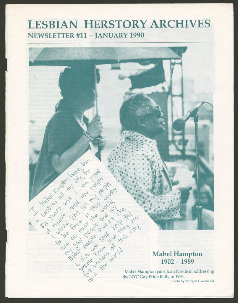 The front of an LHA newsletter dated January 1990. There is a photograph of Mabel Hampton at a microphone with a caption that reads "Mabel Hampton joins Joan Nestle in addressing the NYC Gay Pride Rally in 1984."