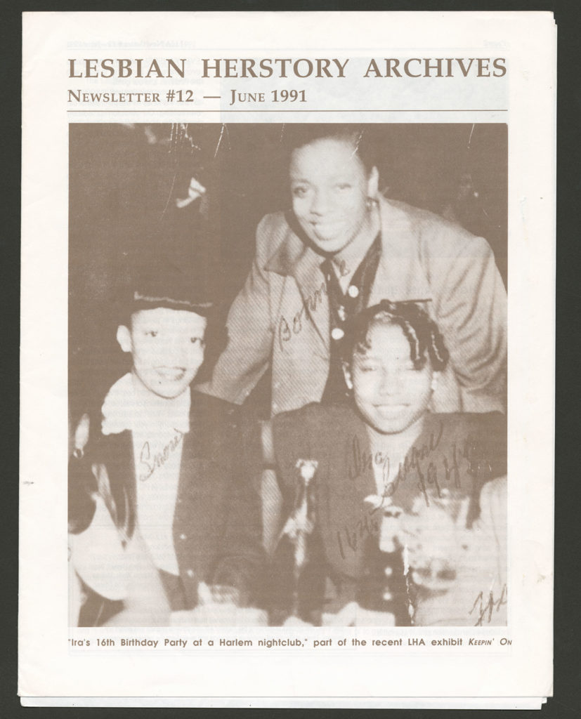 The front of an LHA newsletter dated June 1991. The cover features a photograph of three Black women. The caption reads "Ira's 16th Birthday Party at a Harlem nightclub, part of the recent LHA exhibit Keepin' On."