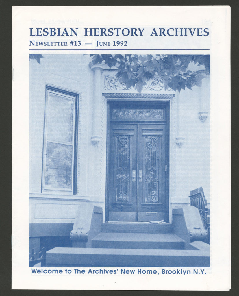 The front of an LHA newsletter dated June 1992. There is a photograph of a building's doors and ornate entryway. "Welcome to The Archives' New home, Brooklyn, N.Y.