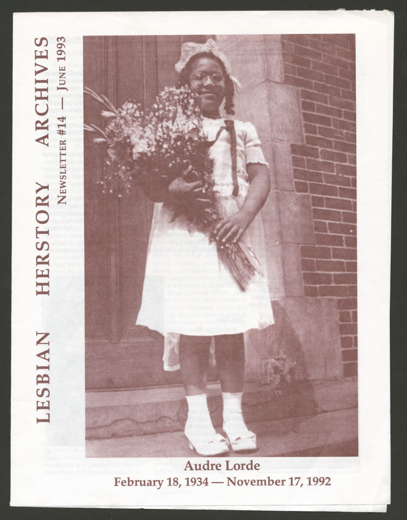 The front of an LHA newsletter dated June 1993. The cover features a photograph of a young Audre Lorde in  a white communion dress holding a large bouquet of flowers. 
