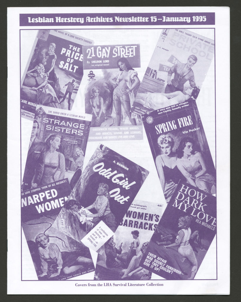 An LHA newsletter dated January 1995. The front is a collage of Lesbian pulp novel covers from the LHA Survival Literature Collection. 