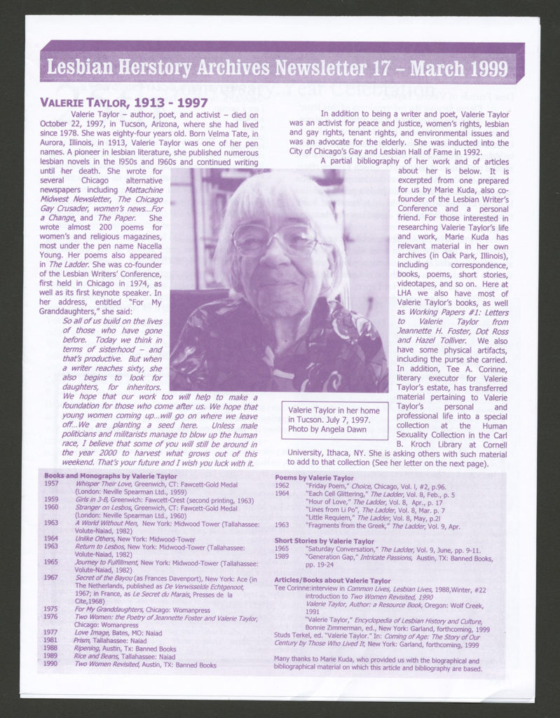 The front of an LHA newsletter dated March 1999. There is a photograph of a smiling Valerie Taylor.
