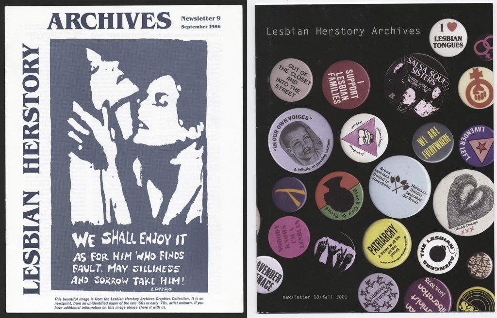 Side-by-side newsletter covers, one featuring a graphic of two Lesbians and one featuring a variety of pin-on buttons.